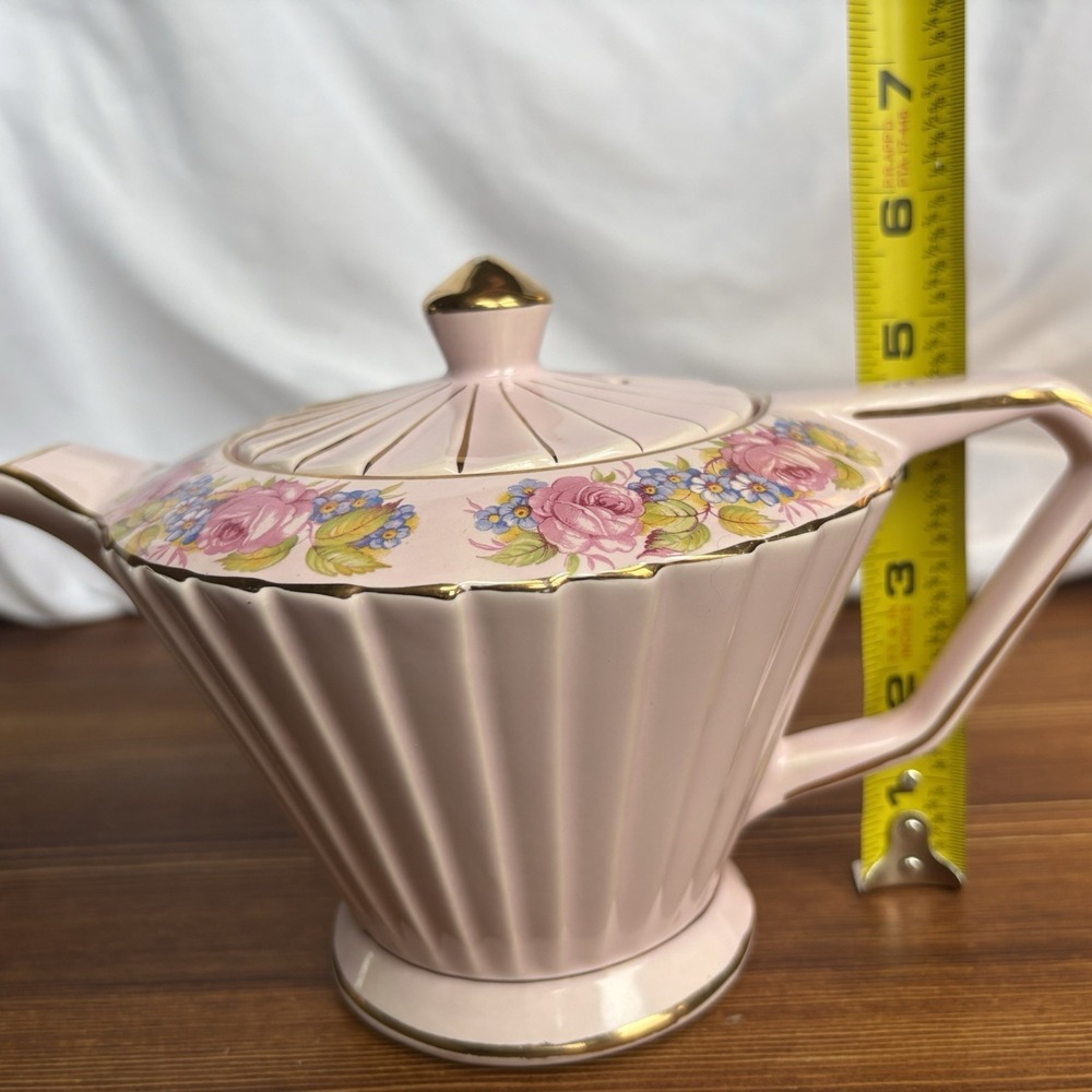 Vintage Sadler Pink Art Deco Teapot Starburst Floral Gold Gilt England 1940s - Picture 13 of 16